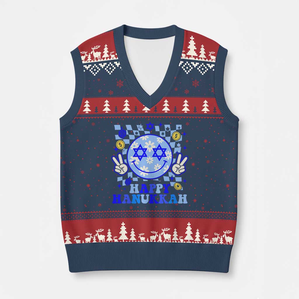 Happy Hanukkah V-Neck Knit Sweater Vest Groovy Star Of David Smile Face Chanukah Pajama TS10 Navy Red Print Your Wear