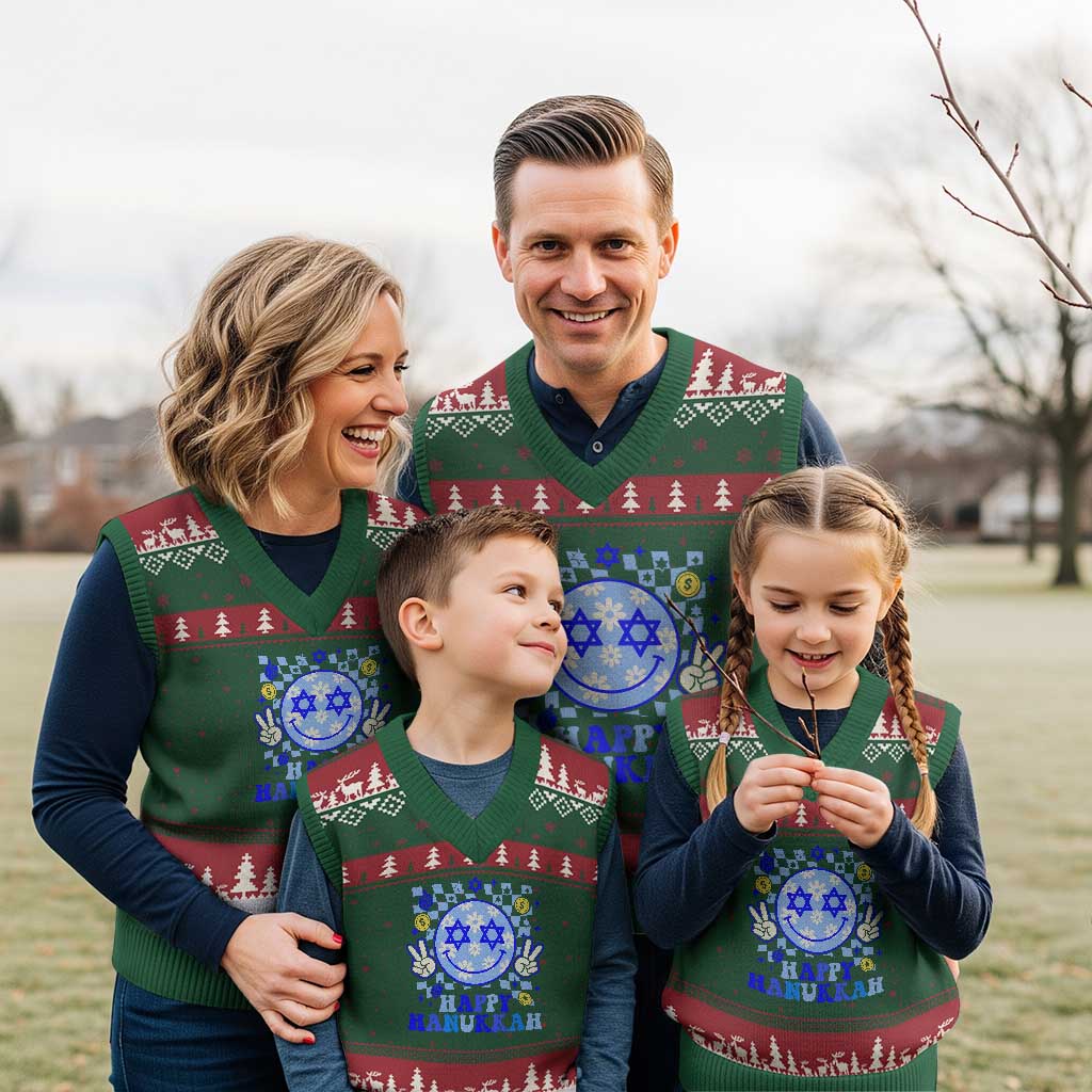 Happy Hanukkah V-Neck Knit Sweater Vest Groovy Star Of David Smile Face Chanukah Pajama TS10 Red Green Print Your Wear