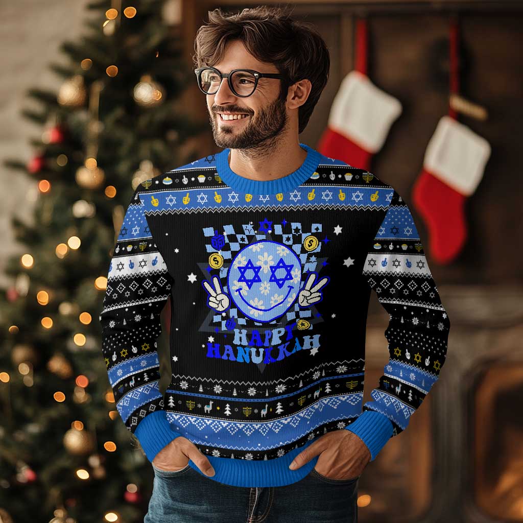 Happy Hanukkah Hanukkah Ugly Sweater Groovy Star Of David Smile Face Chanukah Pajama TS10 Black Blue Print Your Wear