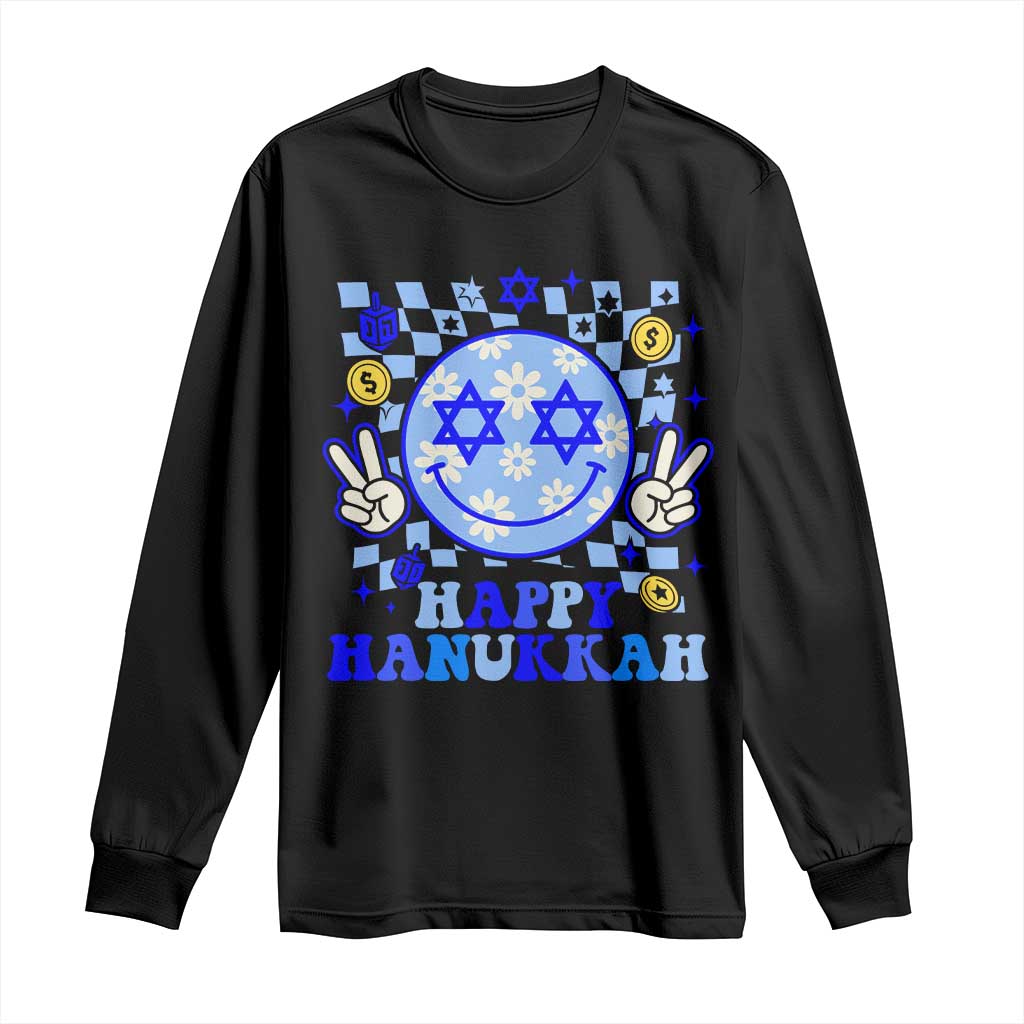 Happy Hanukkah Long Sleeve Shirt Groovy Star Of David Smile Face Chanukah Pajama TS10 Black Print Your Wear