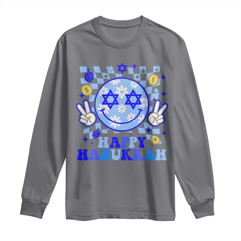Happy Hanukkah Long Sleeve Shirt Groovy Star Of David Smile Face Chanukah Pajama TS10 Charcoal Print Your Wear