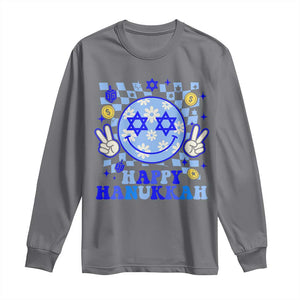 Happy Hanukkah Long Sleeve Shirt Groovy Star Of David Smile Face Chanukah Pajama TS10 Charcoal Print Your Wear