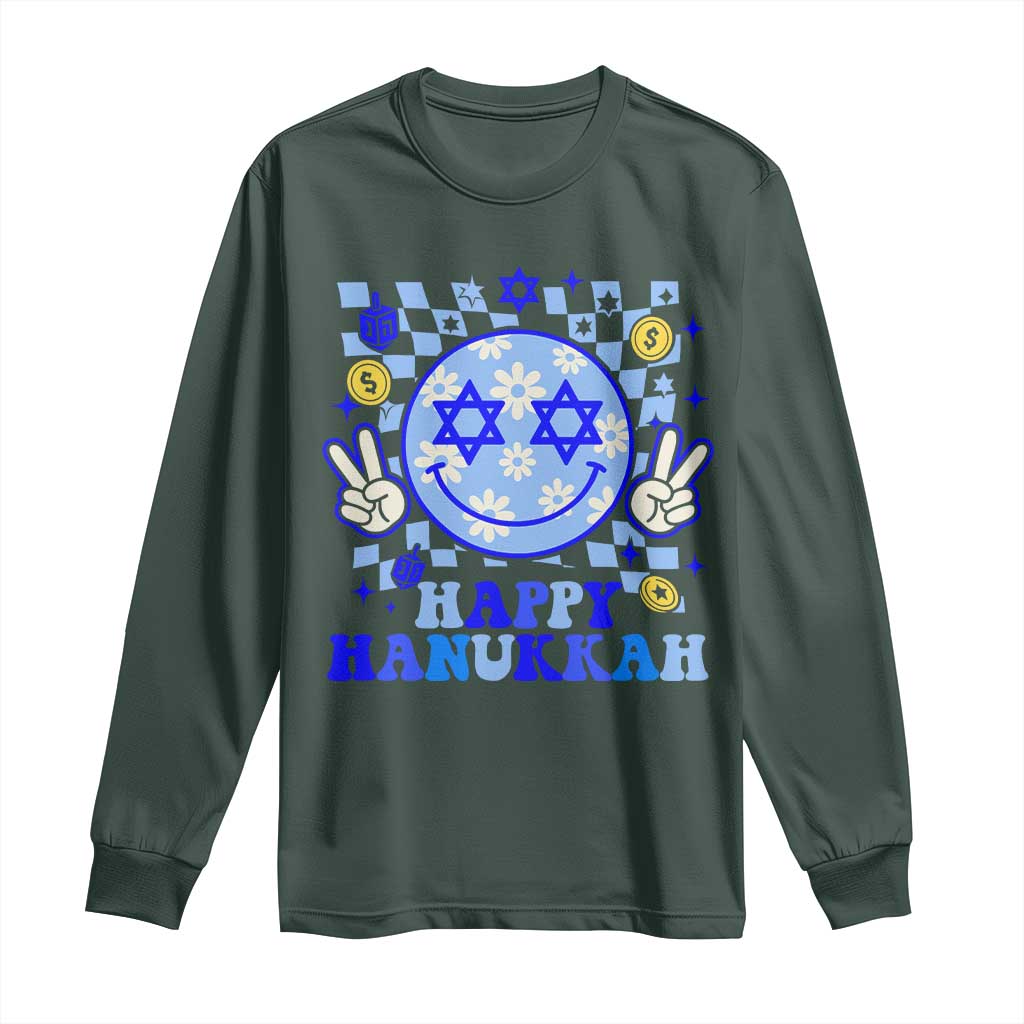 Happy Hanukkah Long Sleeve Shirt Groovy Star Of David Smile Face Chanukah Pajama TS10 Dark Forest Green Print Your Wear