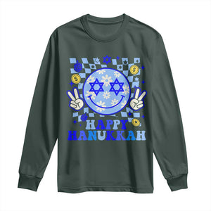 Happy Hanukkah Long Sleeve Shirt Groovy Star Of David Smile Face Chanukah Pajama TS10 Dark Forest Green Print Your Wear