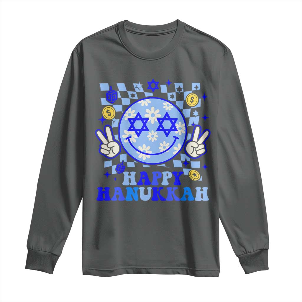 Happy Hanukkah Long Sleeve Shirt Groovy Star Of David Smile Face Chanukah Pajama TS10 Dark Heather Print Your Wear