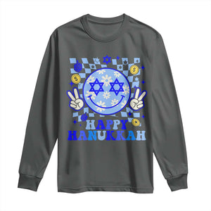Happy Hanukkah Long Sleeve Shirt Groovy Star Of David Smile Face Chanukah Pajama TS10 Dark Heather Print Your Wear
