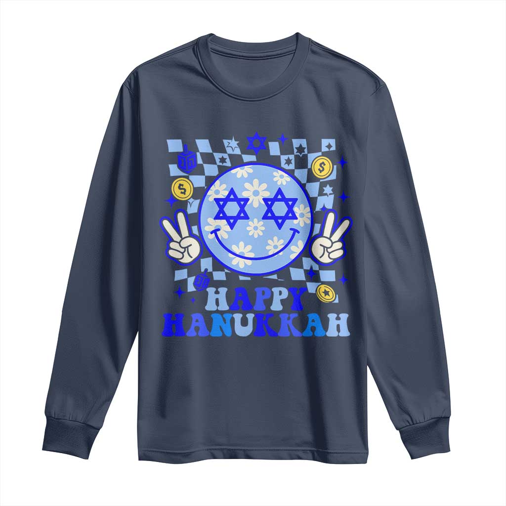 Happy Hanukkah Long Sleeve Shirt Groovy Star Of David Smile Face Chanukah Pajama TS10 Navy Print Your Wear