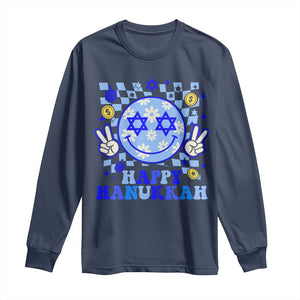 Happy Hanukkah Long Sleeve Shirt Groovy Star Of David Smile Face Chanukah Pajama TS10 Navy Print Your Wear