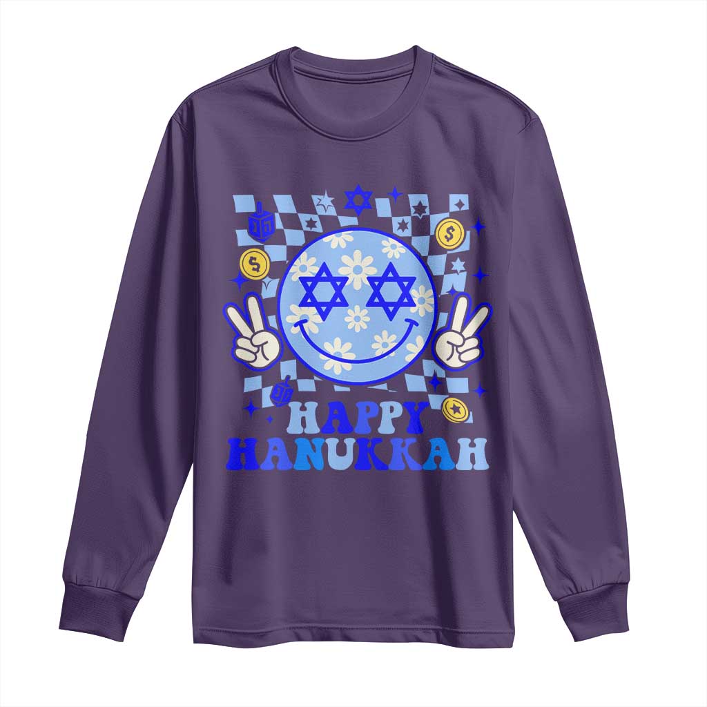 Happy Hanukkah Long Sleeve Shirt Groovy Star Of David Smile Face Chanukah Pajama TS10 Purple Print Your Wear