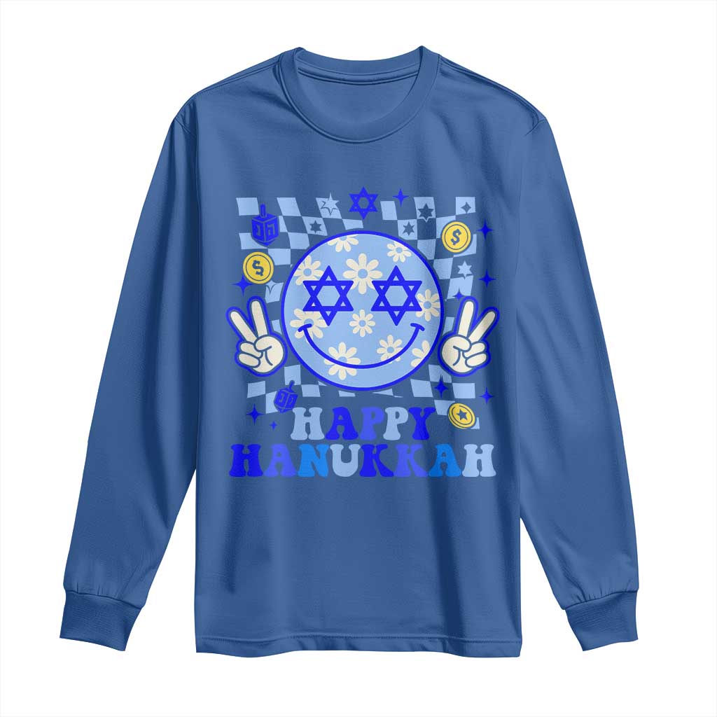 Happy Hanukkah Long Sleeve Shirt Groovy Star Of David Smile Face Chanukah Pajama TS10 Royal Blue Print Your Wear