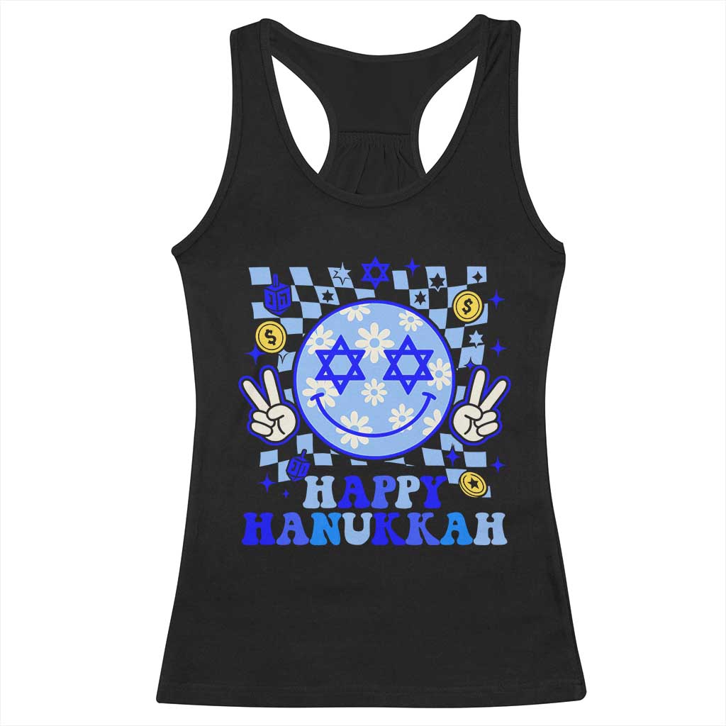 Happy Hanukkah Racerback Tank Top Groovy Star Of David Smile Face Chanukah Pajama TS10 Black Print Your Wear