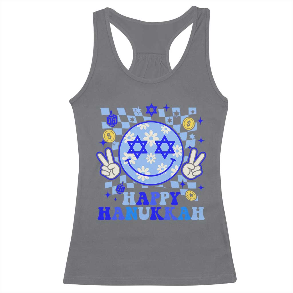 Happy Hanukkah Racerback Tank Top Groovy Star Of David Smile Face Chanukah Pajama TS10 Charcoal Print Your Wear