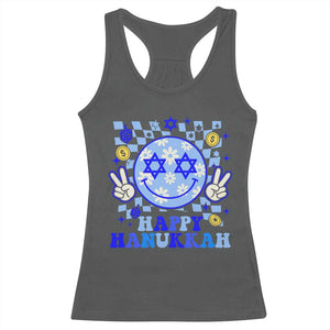 Happy Hanukkah Racerback Tank Top Groovy Star Of David Smile Face Chanukah Pajama TS10 Dark Heather Print Your Wear