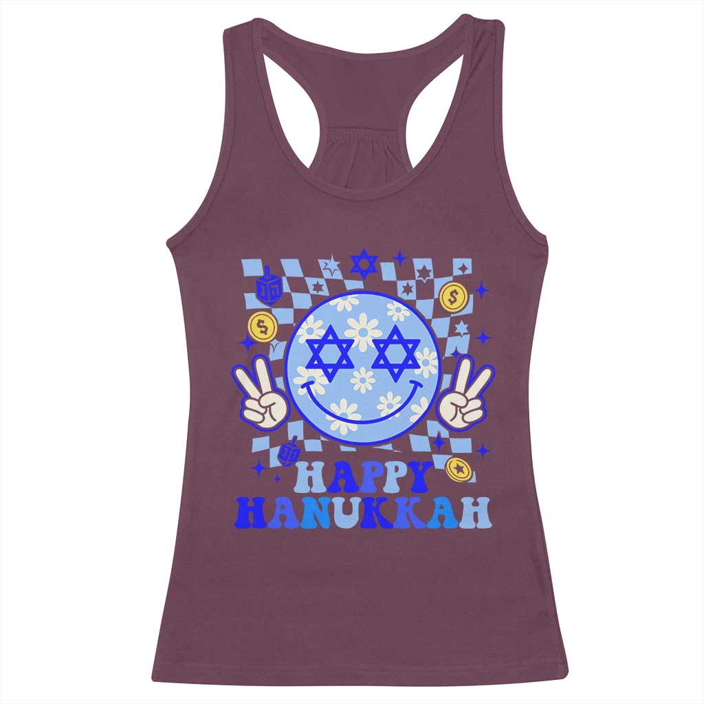 Happy Hanukkah Racerback Tank Top Groovy Star Of David Smile Face Chanukah Pajama TS10 Maroon Print Your Wear