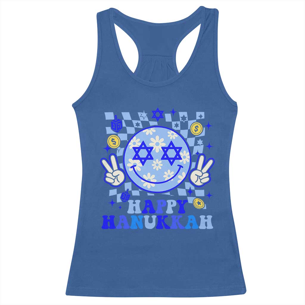Happy Hanukkah Racerback Tank Top Groovy Star Of David Smile Face Chanukah Pajama TS10 Royal Blue Print Your Wear