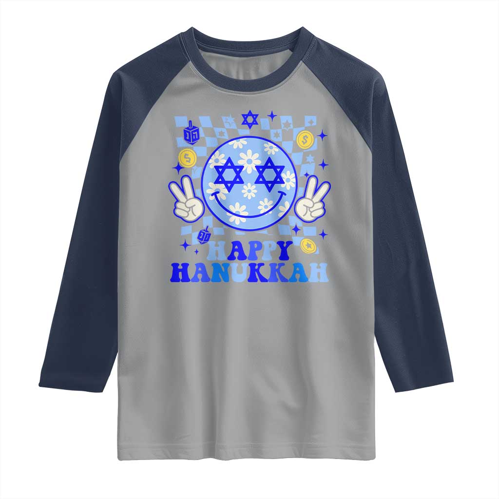 Happy Hanukkah Raglan Shirt Groovy Star Of David Smile Face Chanukah Pajama TS10 Sport Gray Navy Print Your Wear