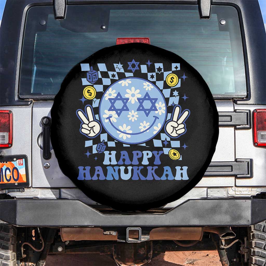 Happy Hanukkah Spare Tire Cover Groovy Star Of David Smile Face Chanukah Pajama TS10 No hole Black Print Your Wear