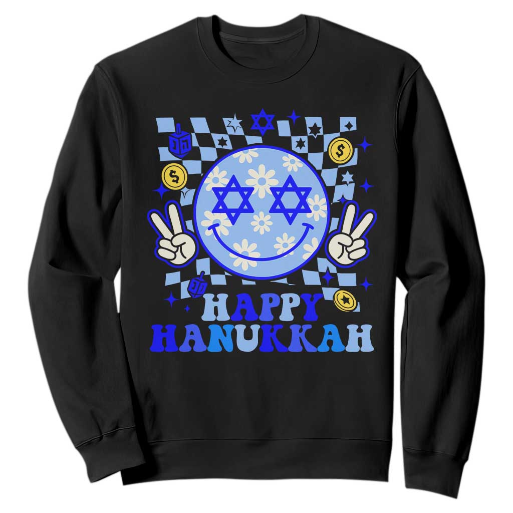 Happy Hanukkah Sweatshirt Groovy Star Of David Smile Face Chanukah Pajama TS10 Black Print Your Wear