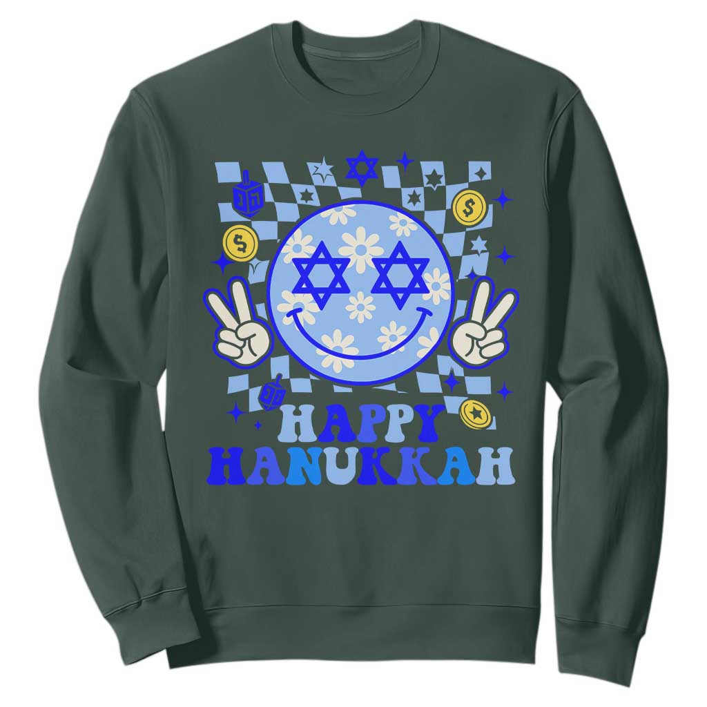 Happy Hanukkah Sweatshirt Groovy Star Of David Smile Face Chanukah Pajama TS10 Dark Forest Green Print Your Wear