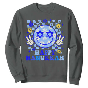 Happy Hanukkah Sweatshirt Groovy Star Of David Smile Face Chanukah Pajama TS10 Dark Heather Print Your Wear