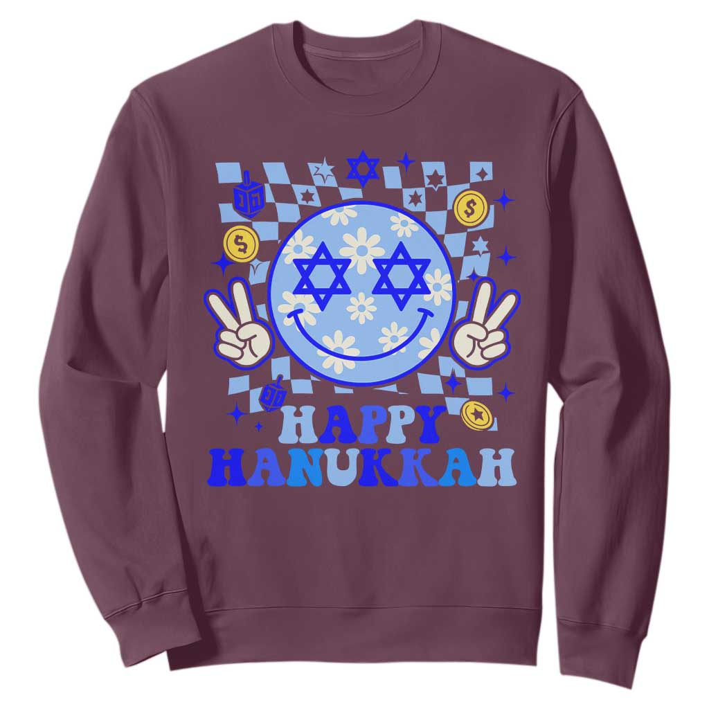 Happy Hanukkah Sweatshirt Groovy Star Of David Smile Face Chanukah Pajama TS10 Maroon Print Your Wear