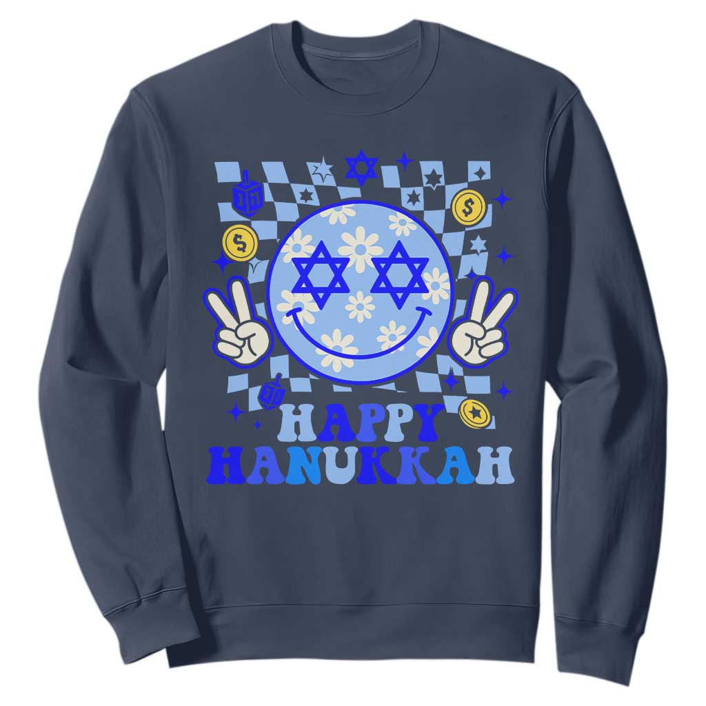 Happy Hanukkah Sweatshirt Groovy Star Of David Smile Face Chanukah Pajama TS10 Navy Print Your Wear