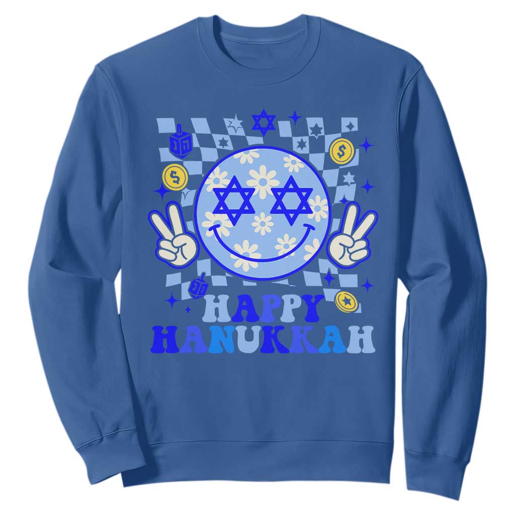 Happy Hanukkah Sweatshirt Groovy Star Of David Smile Face Chanukah Pajama TS10 Royal Blue Print Your Wear