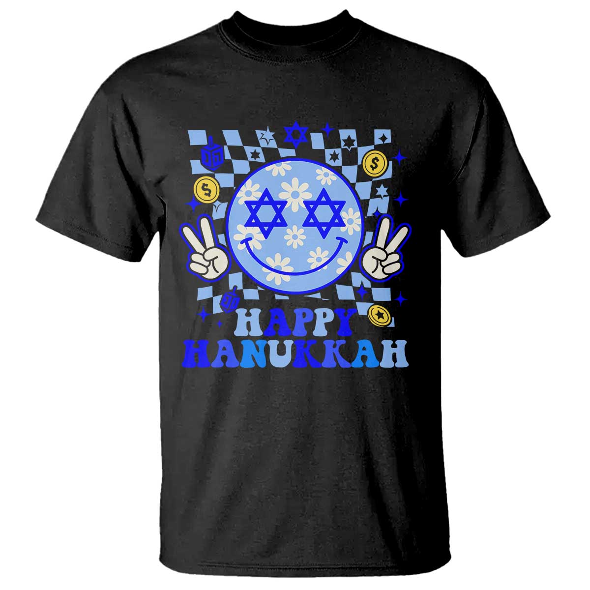 Happy Hanukkah T Shirt Groovy Star Of David Smile Face Chanukah Pajama TS10 Black Print Your Wear