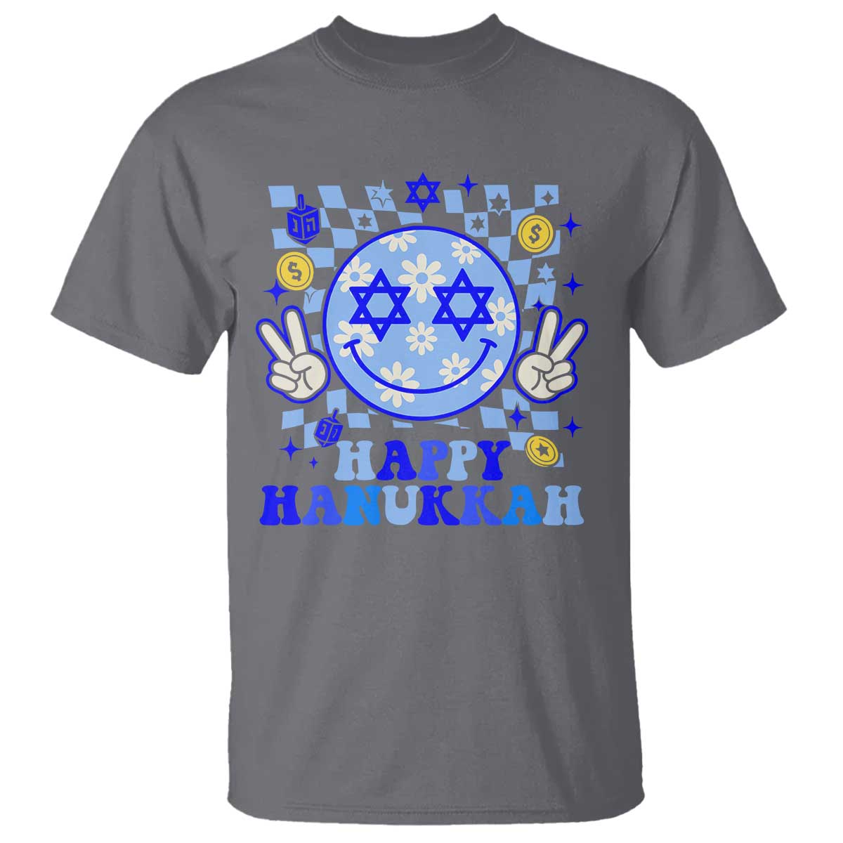 Happy Hanukkah T Shirt Groovy Star Of David Smile Face Chanukah Pajama TS10 Charcoal Print Your Wear