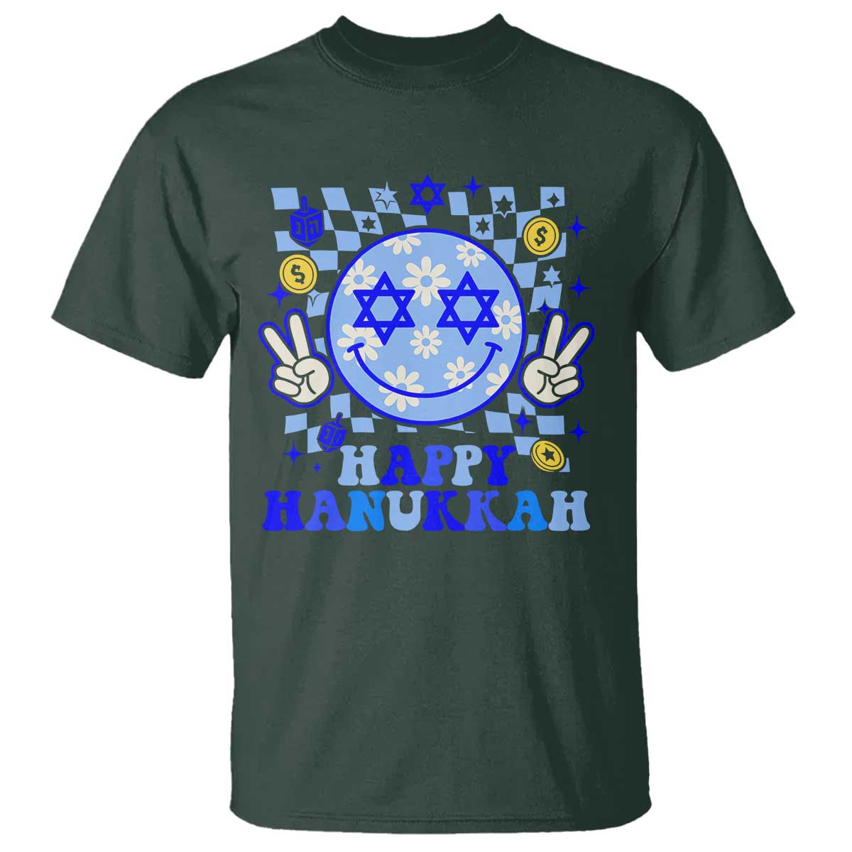 Happy Hanukkah T Shirt Groovy Star Of David Smile Face Chanukah Pajama TS10 Dark Forest Green Print Your Wear
