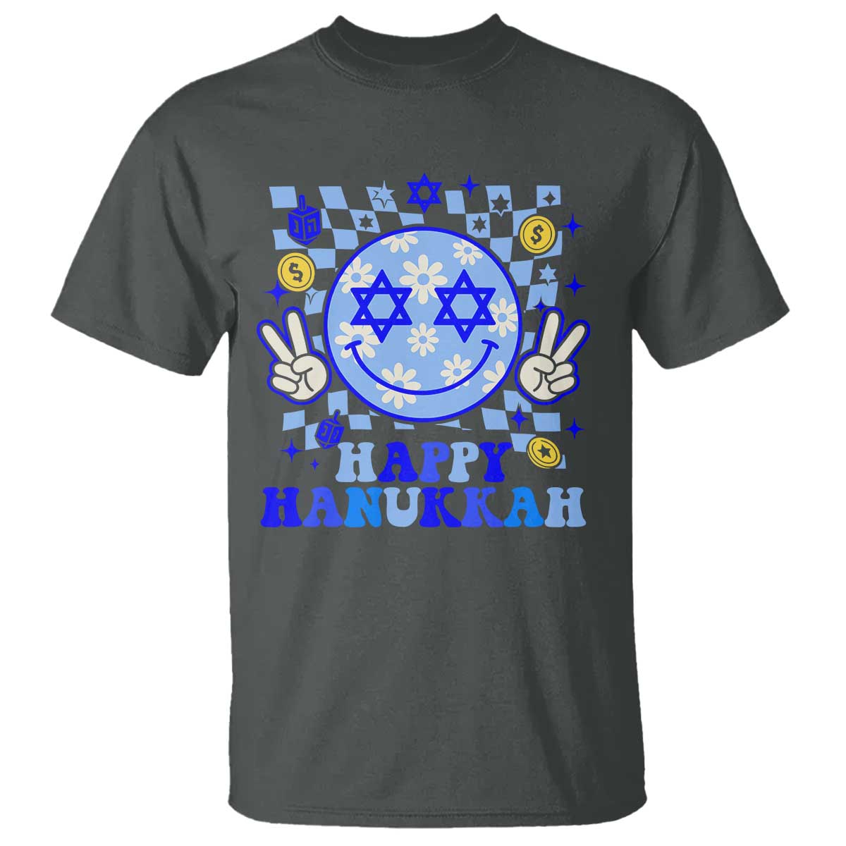 Happy Hanukkah T Shirt Groovy Star Of David Smile Face Chanukah Pajama TS10 Dark Heather Print Your Wear