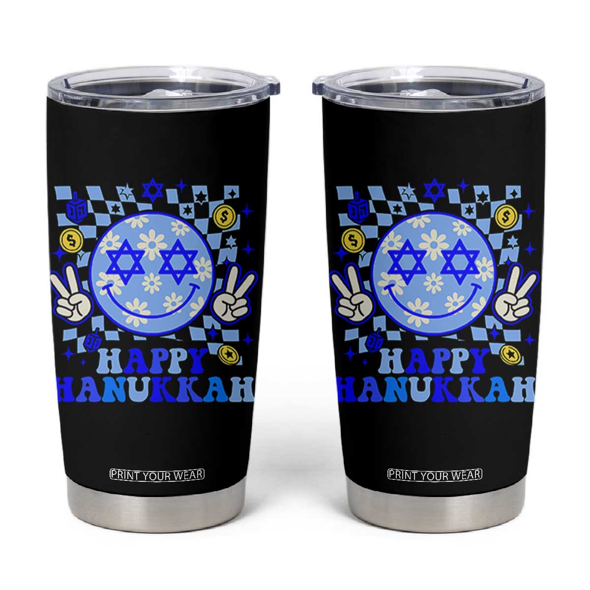 Happy Hanukkah Tumbler Cup Groovy Star Of David Smile Face Chanukah Pajama TS10 Black Print Your Wear