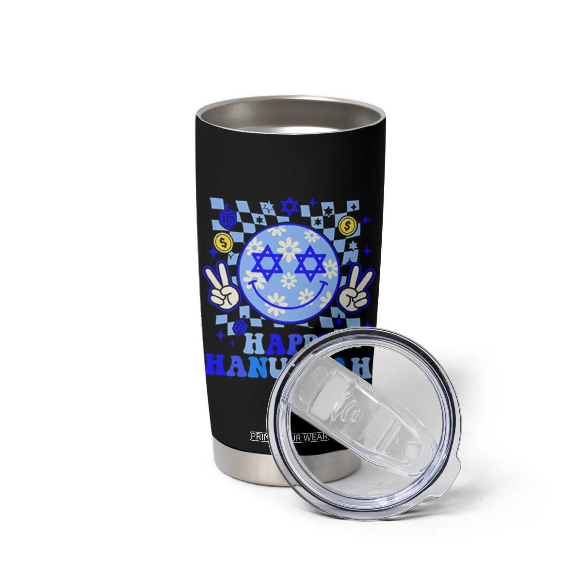 Happy Hanukkah Tumbler Cup Groovy Star Of David Smile Face Chanukah Pajama TS10 Print Your Wear