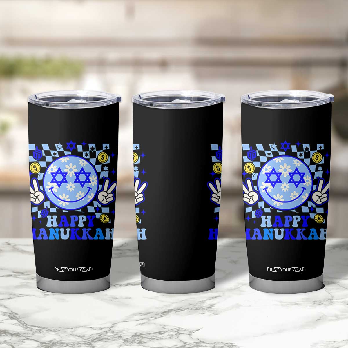 Happy Hanukkah Tumbler Cup Groovy Star Of David Smile Face Chanukah Pajama TS10 Print Your Wear