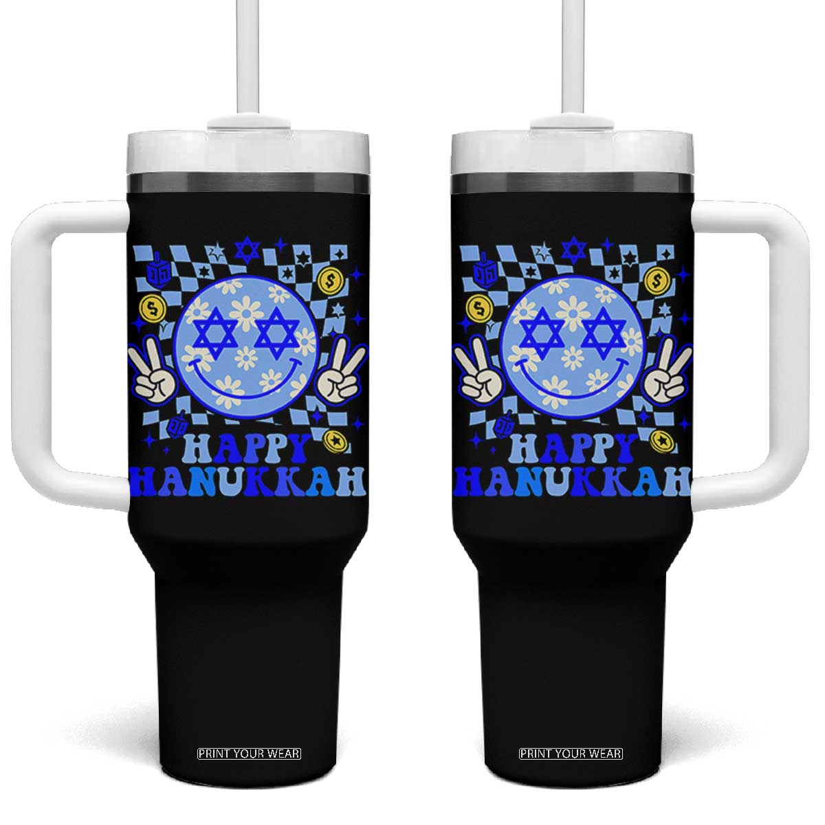 Happy Hanukkah Tumbler With Handle Groovy Star Of David Smile Face Chanukah Pajama TS10 One Size: 40 oz Black Print Your Wear