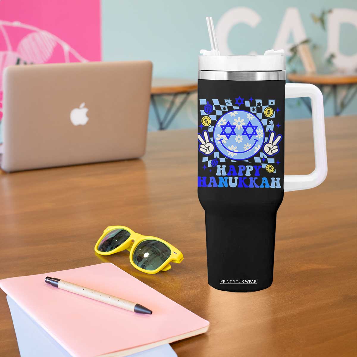 Happy Hanukkah Tumbler With Handle Groovy Star Of David Smile Face Chanukah Pajama TS10 Print Your Wear