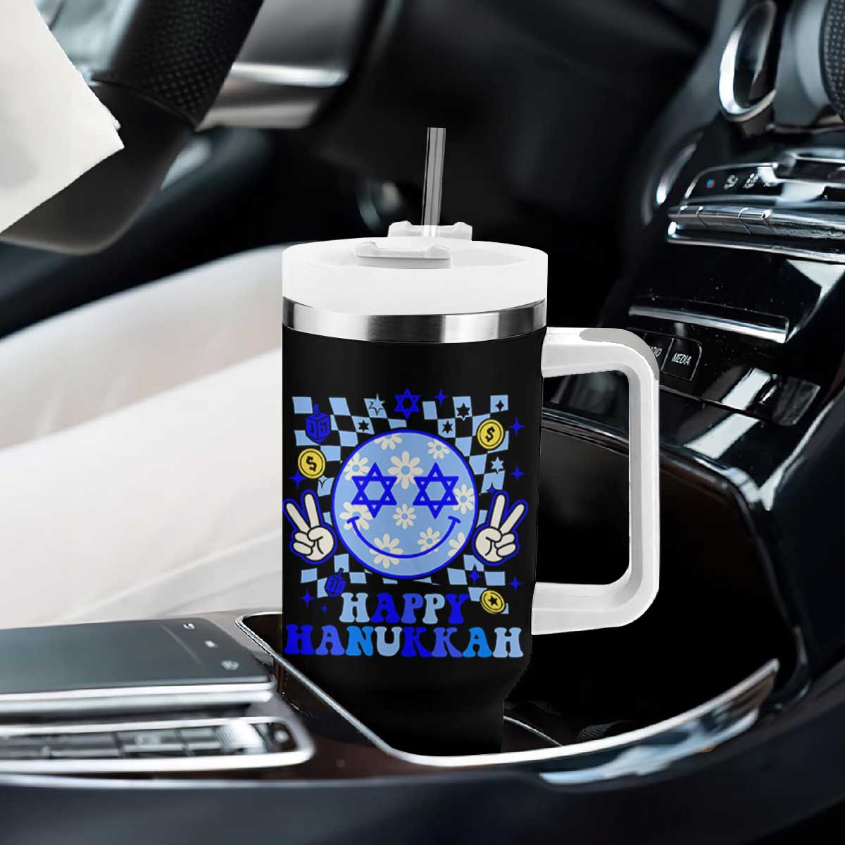 Happy Hanukkah Tumbler With Handle Groovy Star Of David Smile Face Chanukah Pajama TS10 Print Your Wear