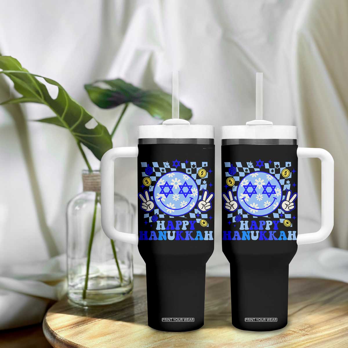 Happy Hanukkah Tumbler With Handle Groovy Star Of David Smile Face Chanukah Pajama TS10 Print Your Wear