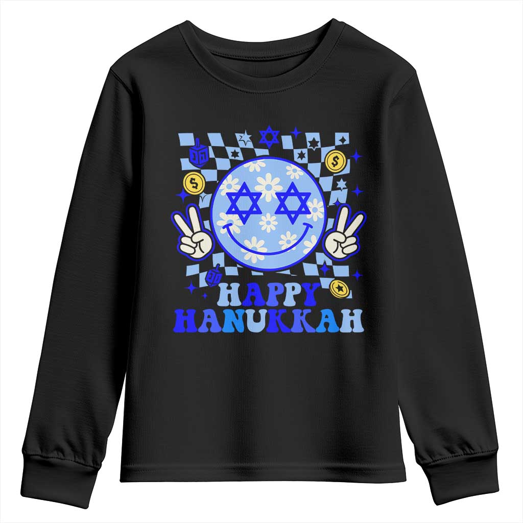 Happy Hanukkah Youth Sweatshirt Groovy Star Of David Smile Face Chanukah Pajama TS10 Black Print Your Wear