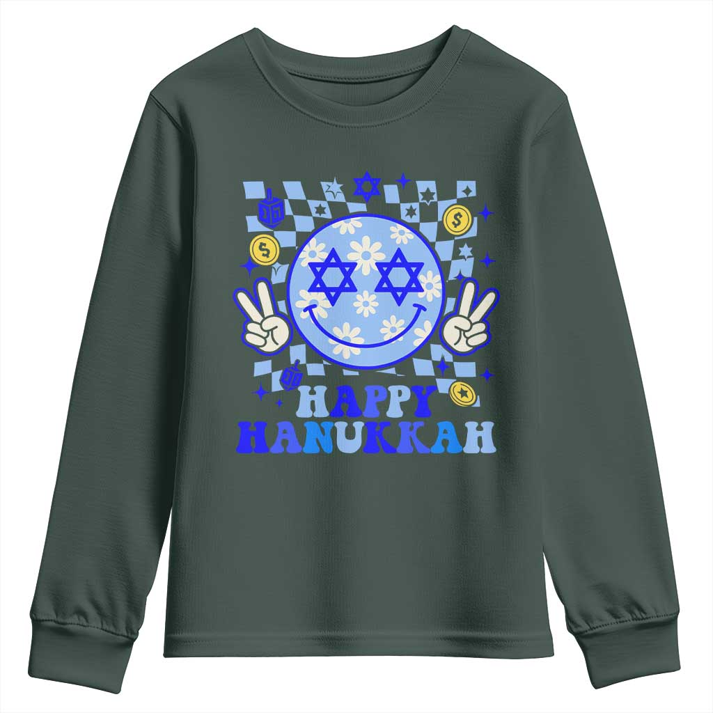 Happy Hanukkah Youth Sweatshirt Groovy Star Of David Smile Face Chanukah Pajama TS10 Dark Forest Green Print Your Wear