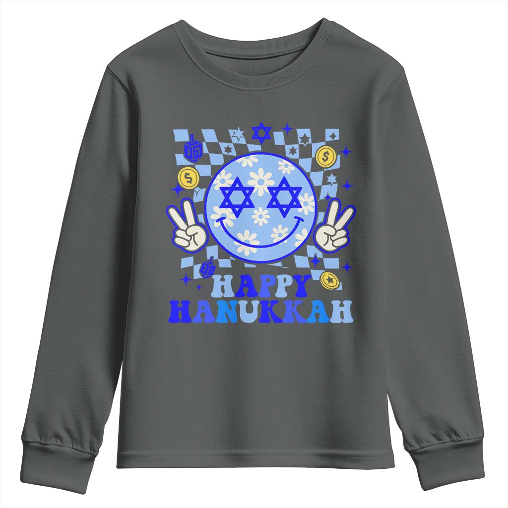 Happy Hanukkah Youth Sweatshirt Groovy Star Of David Smile Face Chanukah Pajama TS10 Dark Heather Print Your Wear