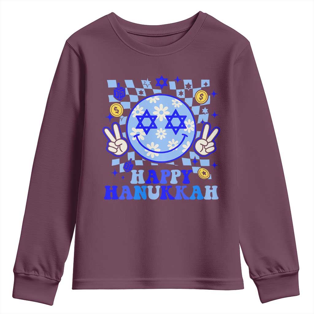 Happy Hanukkah Youth Sweatshirt Groovy Star Of David Smile Face Chanukah Pajama TS10 Maroon Print Your Wear