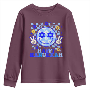 Happy Hanukkah Youth Sweatshirt Groovy Star Of David Smile Face Chanukah Pajama TS10 Maroon Print Your Wear