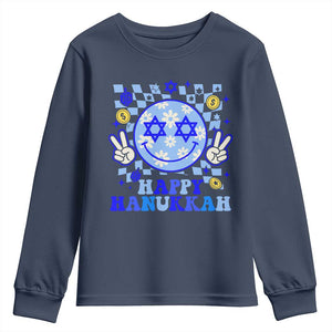 Happy Hanukkah Youth Sweatshirt Groovy Star Of David Smile Face Chanukah Pajama TS10 Navy Print Your Wear