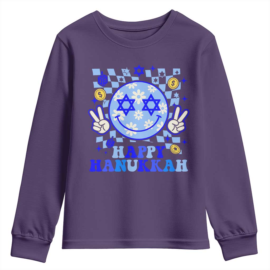 Happy Hanukkah Youth Sweatshirt Groovy Star Of David Smile Face Chanukah Pajama TS10 Purple Print Your Wear