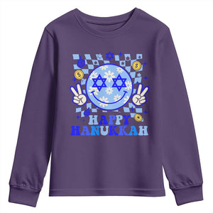 Happy Hanukkah Youth Sweatshirt Groovy Star Of David Smile Face Chanukah Pajama TS10 Purple Print Your Wear
