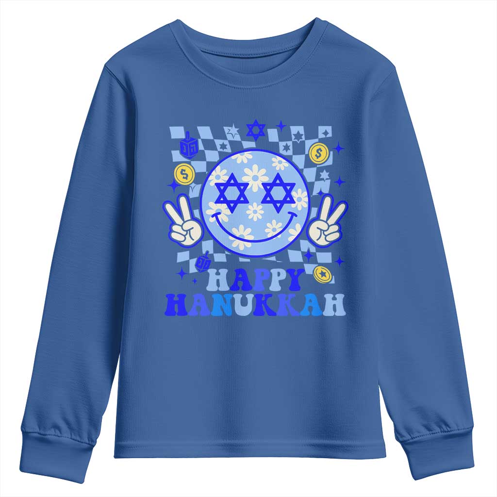 Happy Hanukkah Youth Sweatshirt Groovy Star Of David Smile Face Chanukah Pajama TS10 Royal Blue Print Your Wear