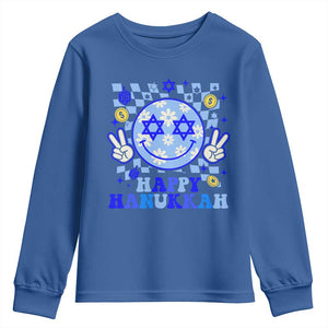 Happy Hanukkah Youth Sweatshirt Groovy Star Of David Smile Face Chanukah Pajama TS10 Royal Blue Print Your Wear