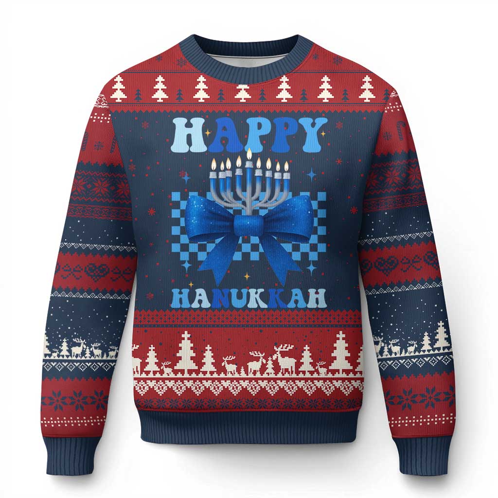 Coquette Hanukkah Ugly Christmas Sweater Jewish Menorah Bow Girls TS10 Navy Red Print Your Wear