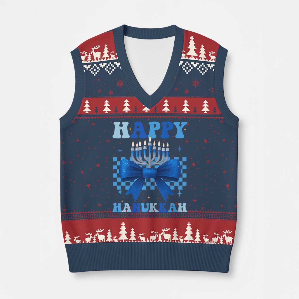 Coquette Hanukkah V-Neck Knit Sweater Vest Jewish Menorah Bow Girls TS10 Navy Red Print Your Wear